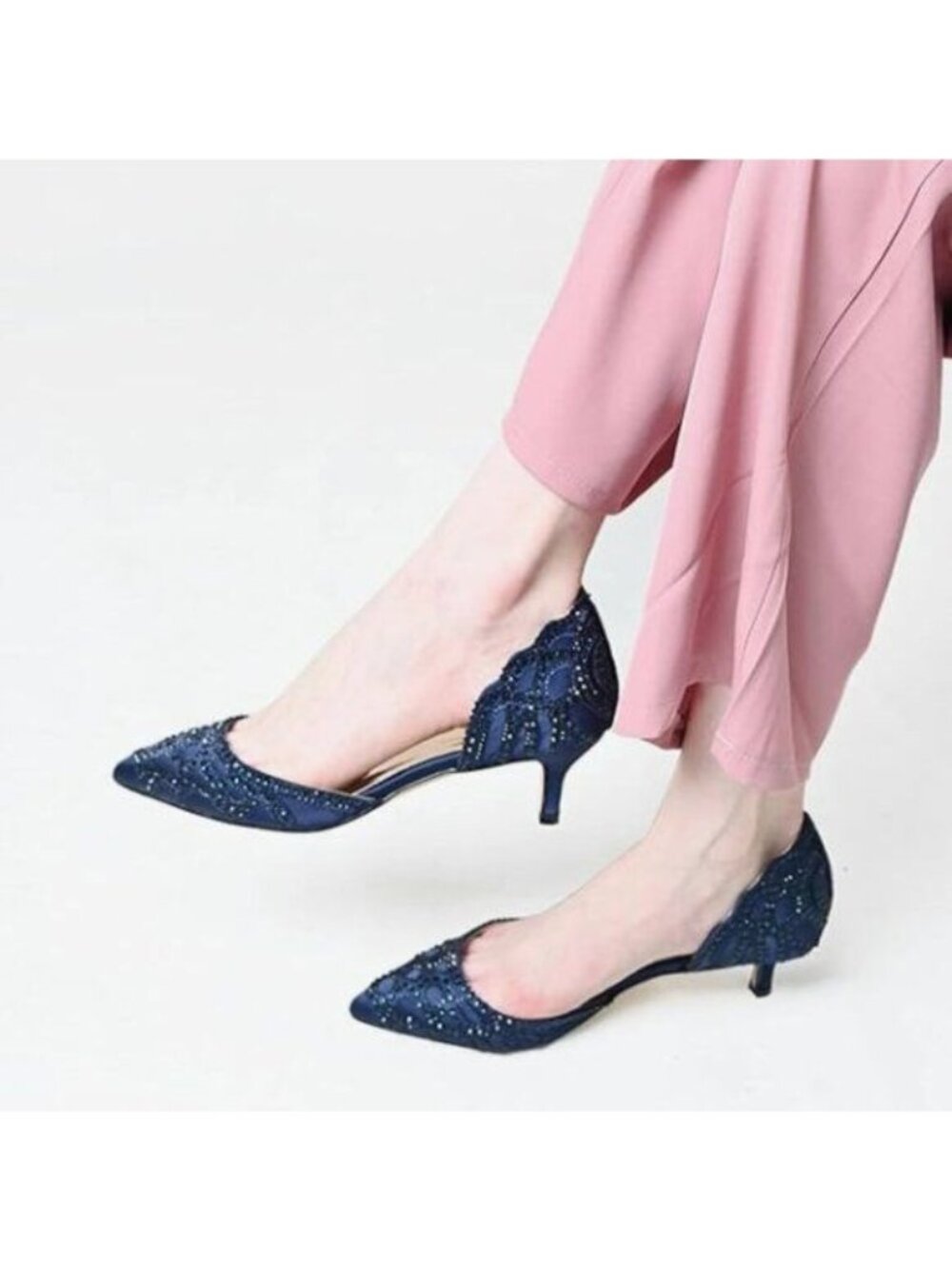 XYD Navy Elegant Pointed Toe D'Orsay Kitten Heel Rhinestone Studs Wedding Pump